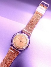 Swatch Gold Watch Timepiece Glitter Dial Leat...