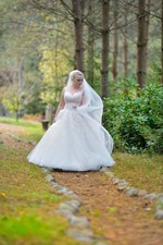 Ivory Lace & Tulle Ball Gown Wedding Dress Sleeveless V Neck Beaded Bodice