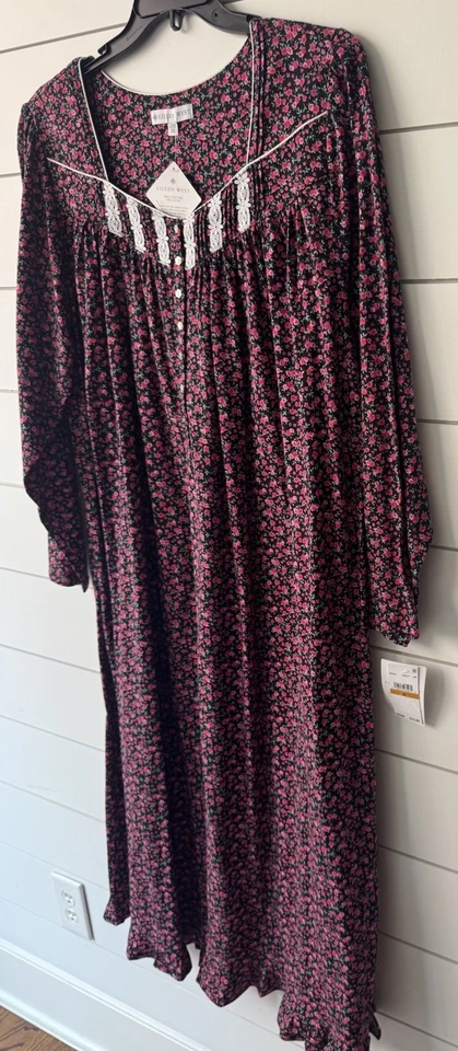 Camisón Eileen West Negro Rojo Rosa Floral TEJIDO DE ALGODÓN Largo Slv Ballet 3X NUEVO Foto 4 de 4