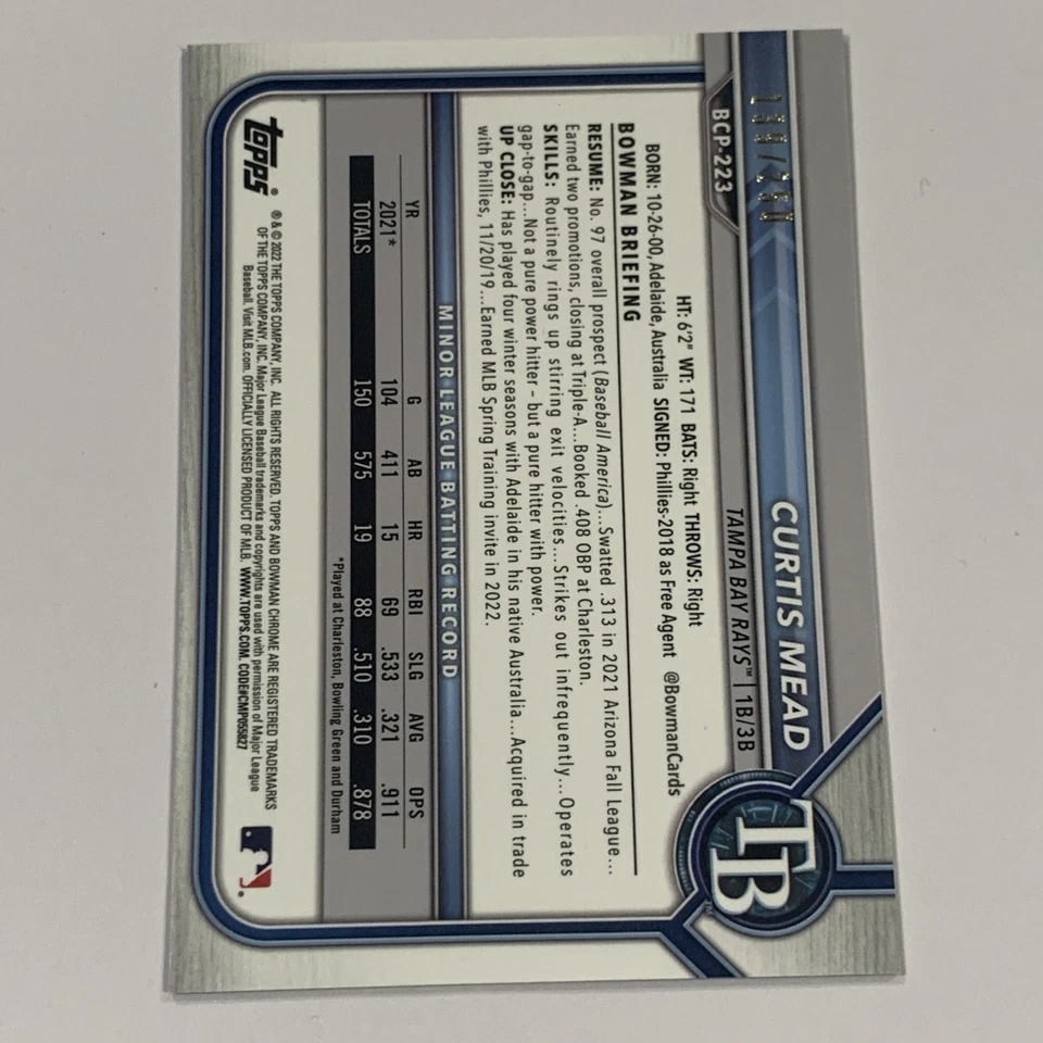 2022 Bowman Chrome Prospects Purple Refractor Rays #BCP-223 Curtis Mead /250 - Image 2 of 4