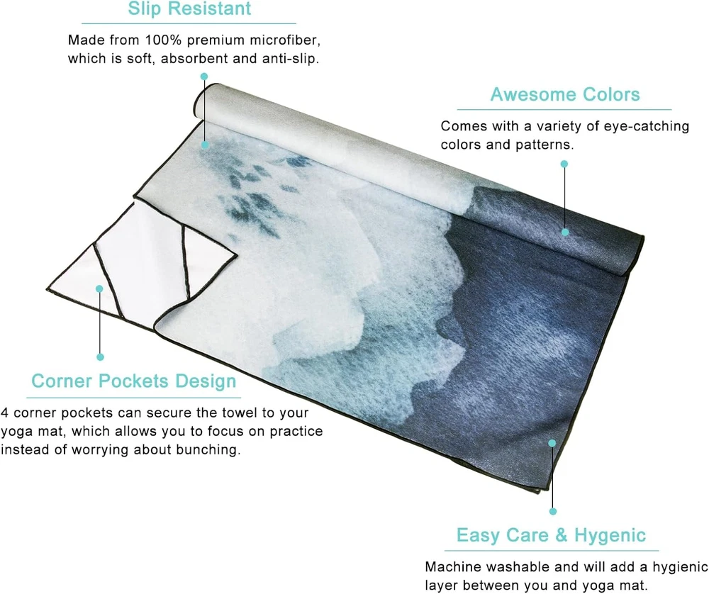Non-slip sweat-absorbent hot yoga mat towel with corner pockets