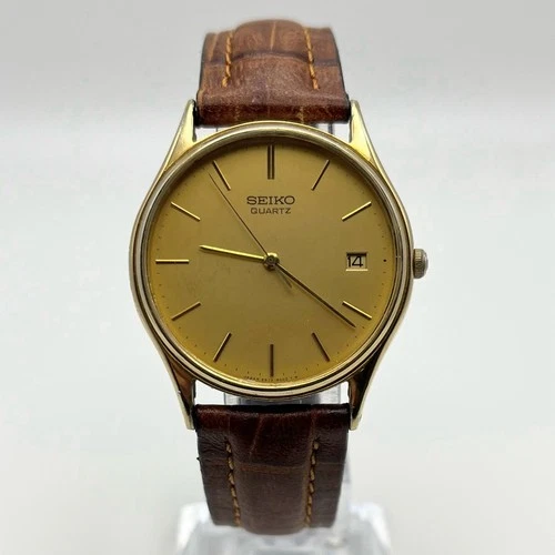 Seiko 6532-8000 Quartz 33mm Gold Tone Watch Date Function Leather Strap VTG
