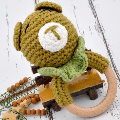 Animal Shape Crochet Rattle Cum Soft Toy for Kids Gifting Piece, Bear - Green