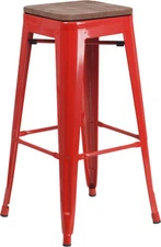 30" Industrial Style Red Metal Bar Height Stool with Wood Seat