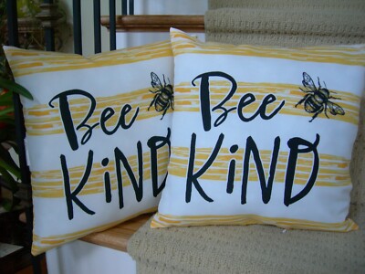 Pair Indoor or Outdoor Golden Yellow Bee Kind Bumblebee Motif Poly Throw  Pillows