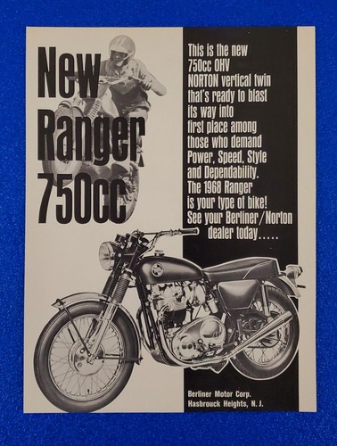 1968 ORIGINAL NORTON MOTORCYCLE VINTAGE PRINT AD RANGER 750cc VERTICAL TWIN