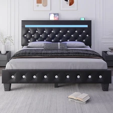 Full/Queen Upholstered Platform Bed Frame with Adjustable Headboard and LED