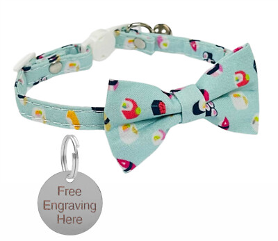 Sushi Katzenhalsband mit Fliege, Sicherheitsschnalle Glocke & personalisiertes 25 mm silbernes Etikett