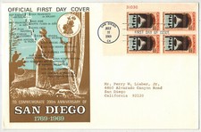 1969 SAN DIEGO CALIFORNIA 200th ANNIV. 1373 VARIETY HAS NO LOGO & PLATE # BLOCK