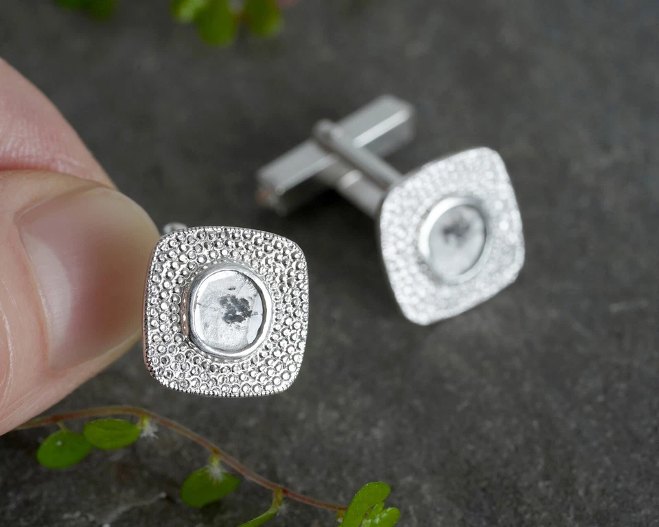 Natural Diamond Slice Cufflinks in Sterling Silver, Unique Gemstone Cufflink New - Image 3 of 3