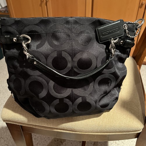 COACH 14147 Balck On Black Op Art Brooke Sateen Hobo 2/way Convertible Purse