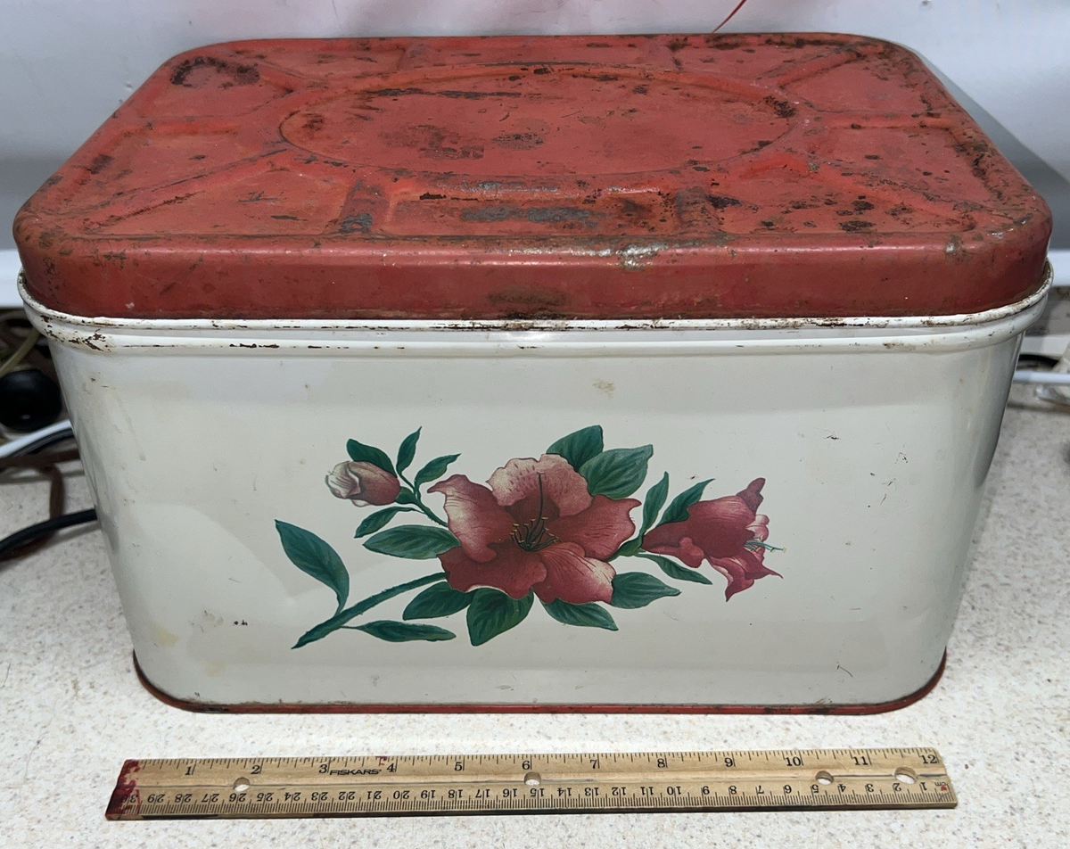 ホワイト メタル ブレッドボックス　ホーロー Vintage National Can Corp Painted white Red Flower Metal Bread Box