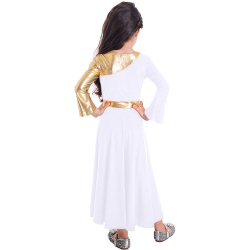 Girls Metallic Gold Praise Dance Dress Liturgical Worship Dancewear Full Length - Picture 6 of 50