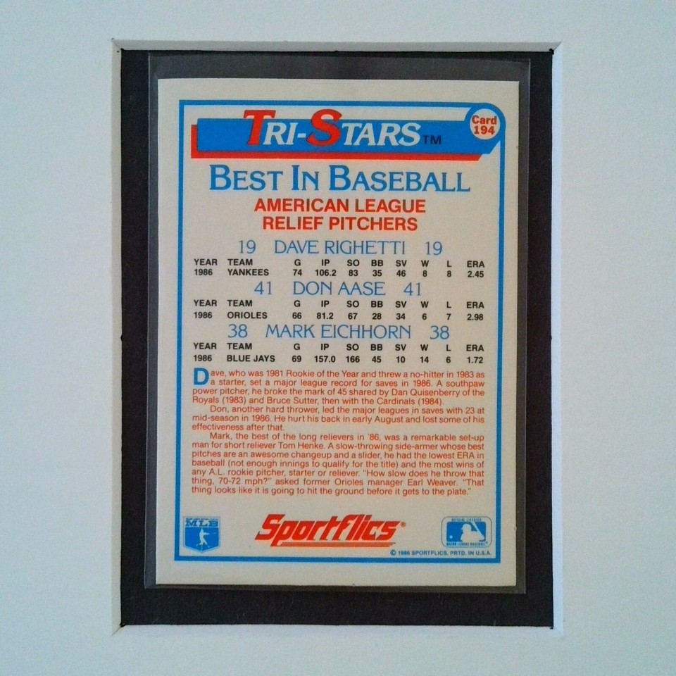 #194 Tri-Stars Don Aase / Dave Righetti / Mark Eichhorn 1987 Sportflics ...