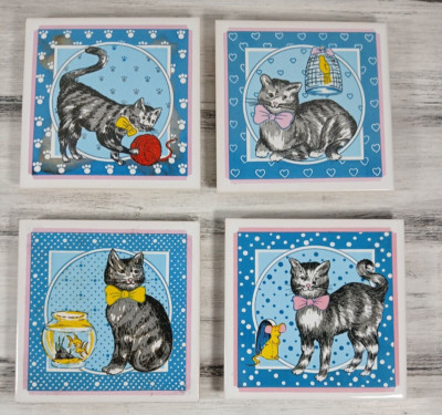VTG Ceramic Cat Tile Trivets Coasters Wall Hanging Kitsch Kitchen Decor Set Of 4
