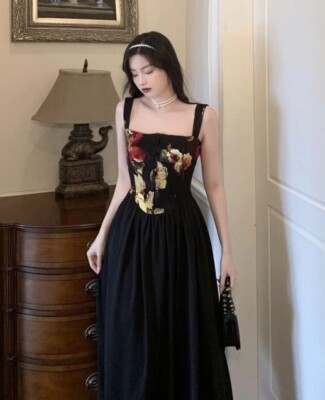 black floral spaghetti strap dress A-Line High Waist Vintage Midi Summer Dress S high slit on the Collar Size:15.5 SANTORINI  maxi dress Gls Black Dress With