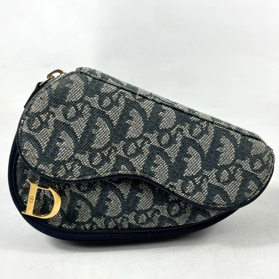 Christian Dior Sac Pochette Trotteur Femme Pochette Toile Cuir Marine Occasion Auth 