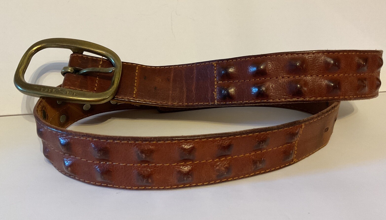 Diesel Brown Leather Belt 38 Made In Italy - Leather Covered Pyramid Studs RARE
