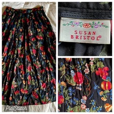 Vtg Susan Bristol Full Maxi Skirt Sz12 Wool Blnd Fall Harvest Floral Multi Black