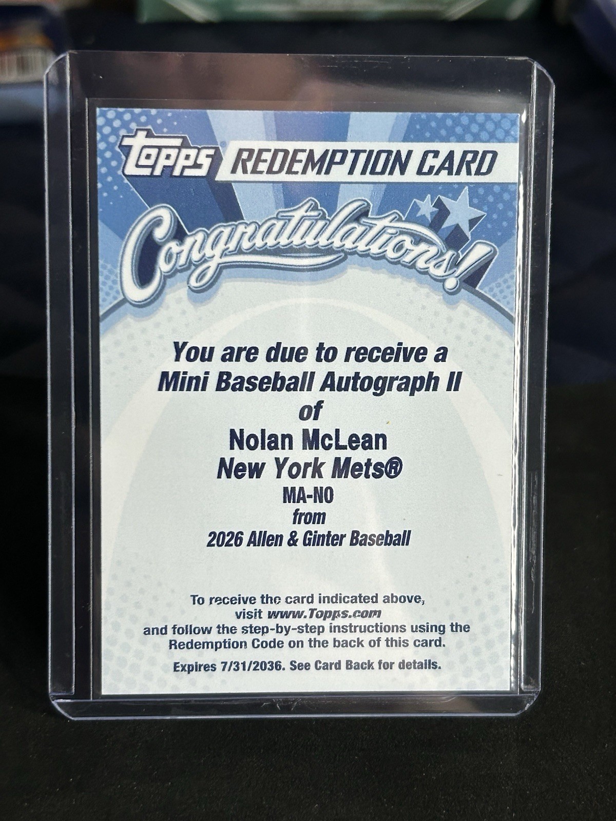 Topps 2026 Allen & Ginter Nolan McLean Mets Mini Auto II Purple Redemption Mets