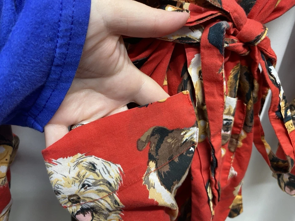 Nick & Nora robe women's size large xl dogs milk bone red tie kimono pjs - Image 4 of 4