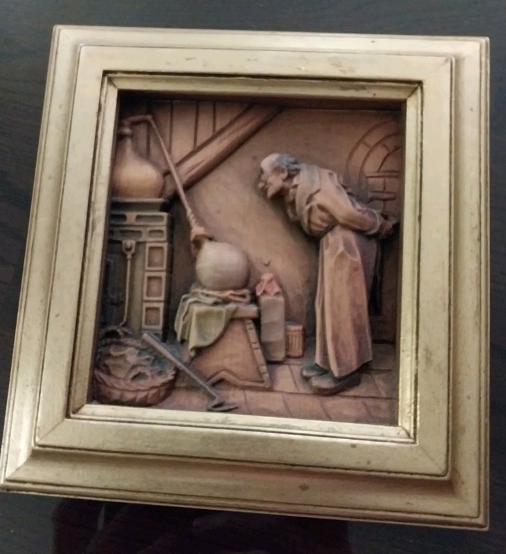 Vintage RARE ANRI Carl Spitzweg THE ALCHEMIST wood 3D Carved Wall Hanging 6 Inch