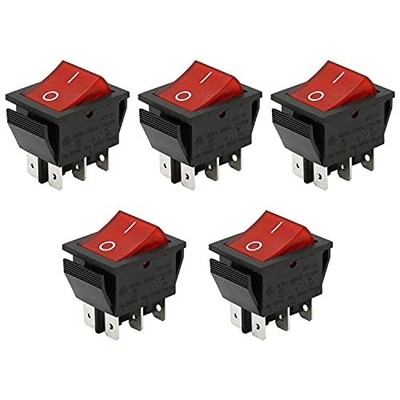 5 Pack Rocker Switch, ON/ON, 6 Pin, DPDT, Red Light, 16A 125V 250V, Snap-in