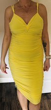 Yellow Ruched Strappy V-Neck Bodycon Midi Dress Sleeveless Stretch Size L