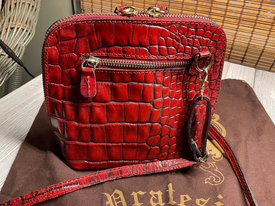 Bolso Bandolera Pratesi Firenze Italia Cuero Genuino Correa con Cremallera Rojo Cocodrilo Foto 4 de 4