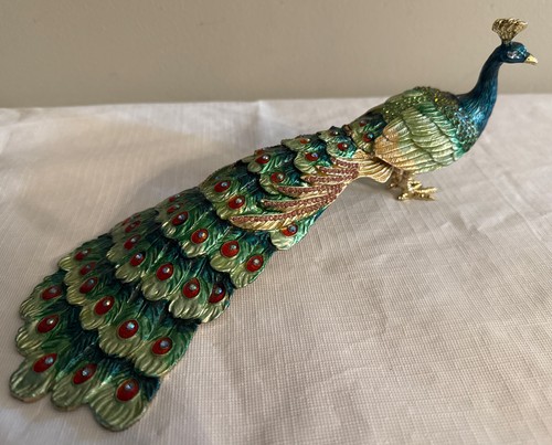 Schöne mit Schmucksteinen besetzte Pfau Schmuckschatulle aus Kristallen & Emaille ~ 10" lang - Bild 1 von 16