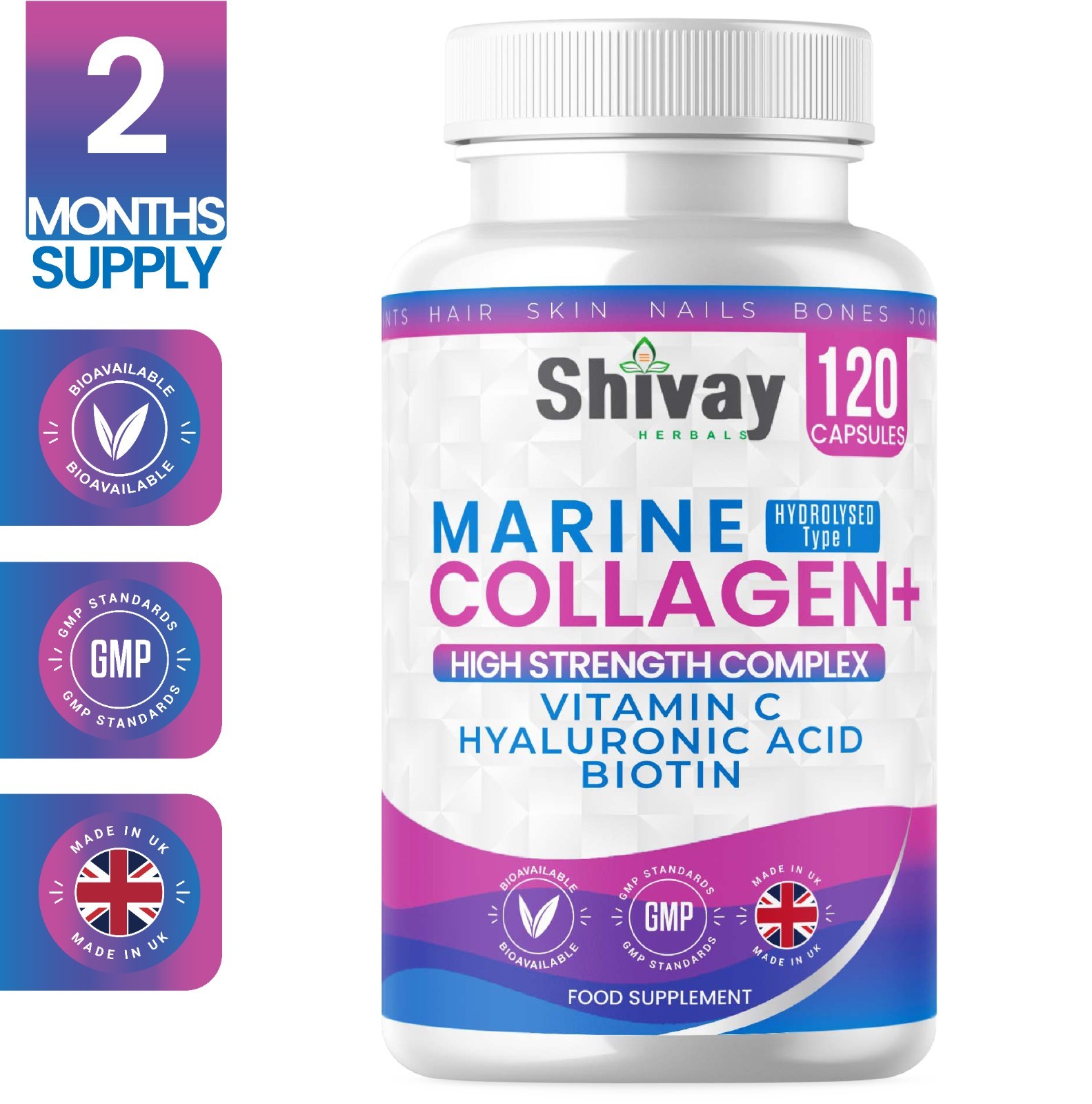 Marine Collagen + Vitamin C Hyaluronic Acid Biotin 120 Capsules Hydrolysed Type1