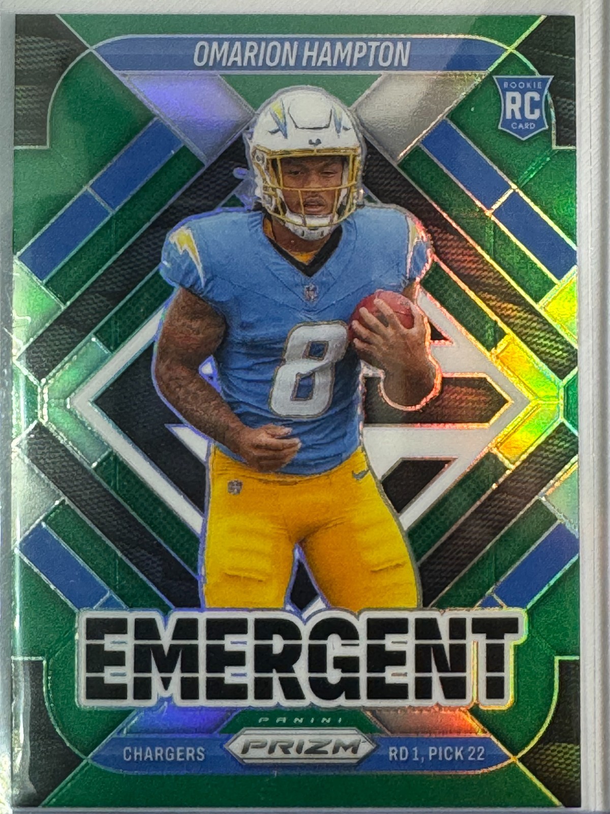 2025 Panini Prizm - Emergent Omarion Hampton #9 Green Prizm (RC)