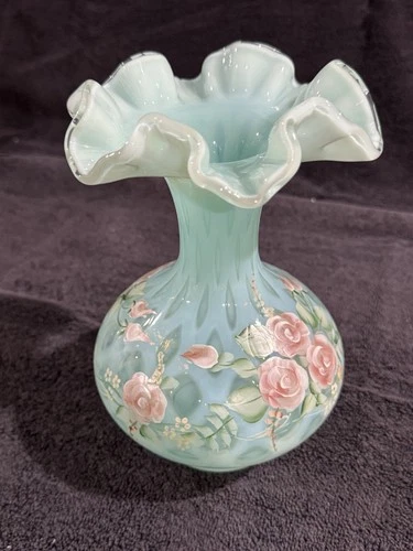 LOVEY 1996 FENTON OPALINE HAND PAINTED BLUSH ROSE 8" TRELLIS VASE~#331