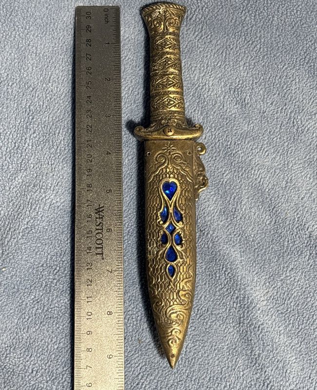 Gold Tone Reproduction Decorative Dagger w/ Sheath Blue Accents Stainless Blade