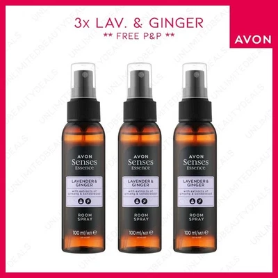 3x AVON SENSES ESSENCE LAVENDER & GINGER ROOM SPRAY 100ml