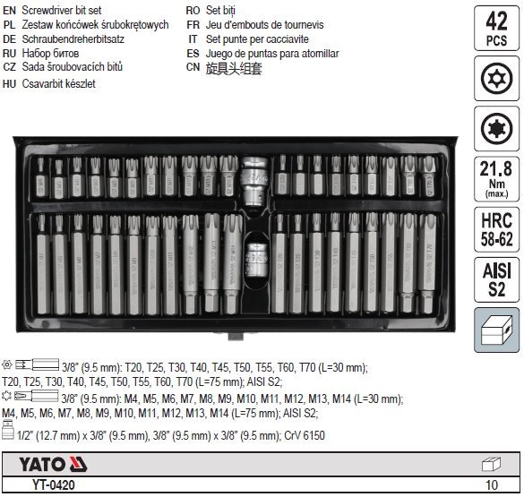 Yato Bitsatz 42 Tlg. Torx Security & Ribe Im Metallkasten Kasten YT-0420-image