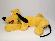 Pluto DISNEY Parks Laying Down Plush Stuffed Animal Dog with Green Nametag 14"