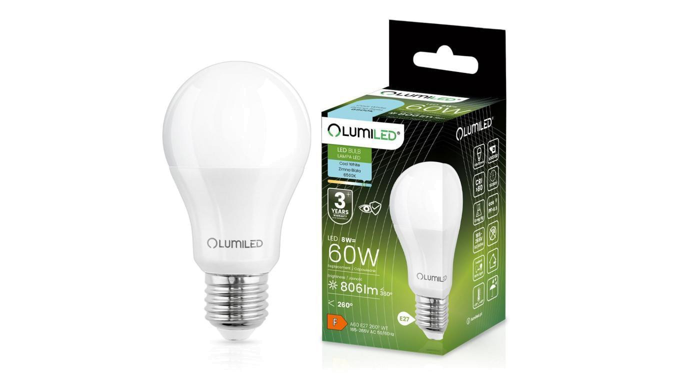 Светодиод Žarówka LED E27 A60 8W = 60 Вт 806lm 6500k Zimna 260 люмен