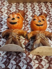 Vintage 2 Gurley Pumpkin Man Jack O'Lantern Scarecrow Halloween 5" Tall Candles