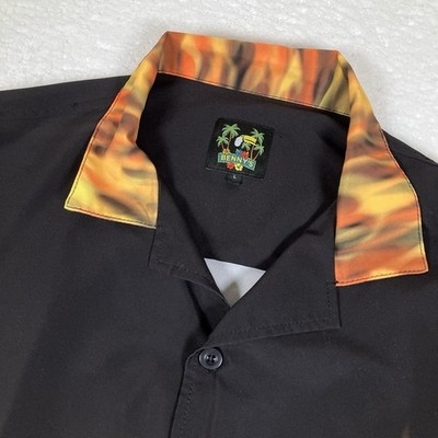 Benny's Mens Large Black Orange Yellow Flames Short Sleeve Hawaiian Camp Shirt