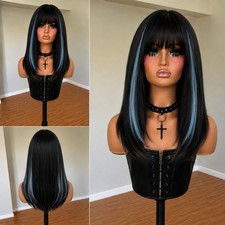 Straight Cosplay Party Wigs With Fringe Synthetic Hair Black blue Heat Friendly