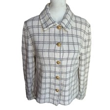 St John Collection Marie Gray Plaid Boucle Knit Blazer Jacket Womens 8