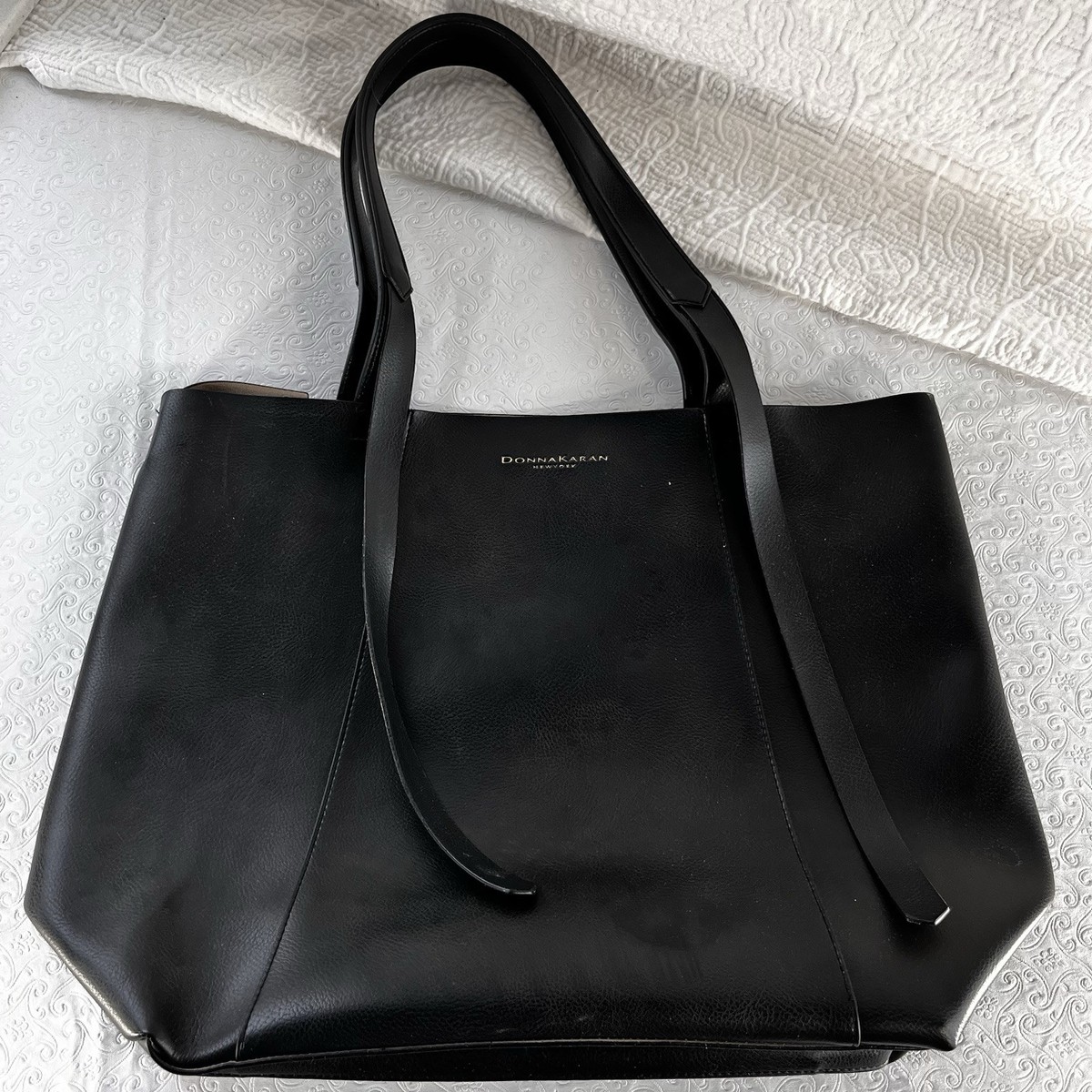 Donna Karan New York Faux Leather Large Tote Handbag Black Open