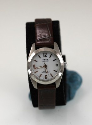 Timex Indiglo Damen Uhr Edelstahl St Braunes Leder 30m Weiß Datum Licht Quarz