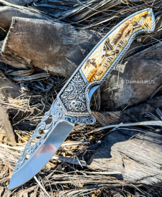 8.25'' Spring Assisted Folding Pocket Knife Metal Belt Clip Fantasy Engraved