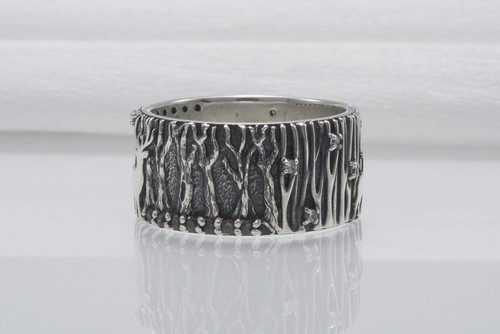 Forest Nature Fashion Ring Wood Texture Wide Band Handmade Deer Couple Jewelry - Picture 3 of 10