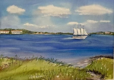Boat Charleston Cooper River Bay  Coastal Art Watercolor Original Painting