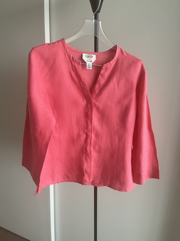 Talbots Womens 100% Irish Linen Top Pink 3/4 Sleeve Y Neck Button Front Sz 10/8