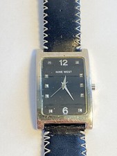 Vintage Nine West Watch Silver Tone Rectangle Black Leather Band Needs battery