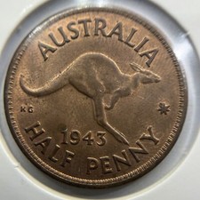 1943 Half Penny Coin - Uncirculated Red - George VI Predecimal Australian